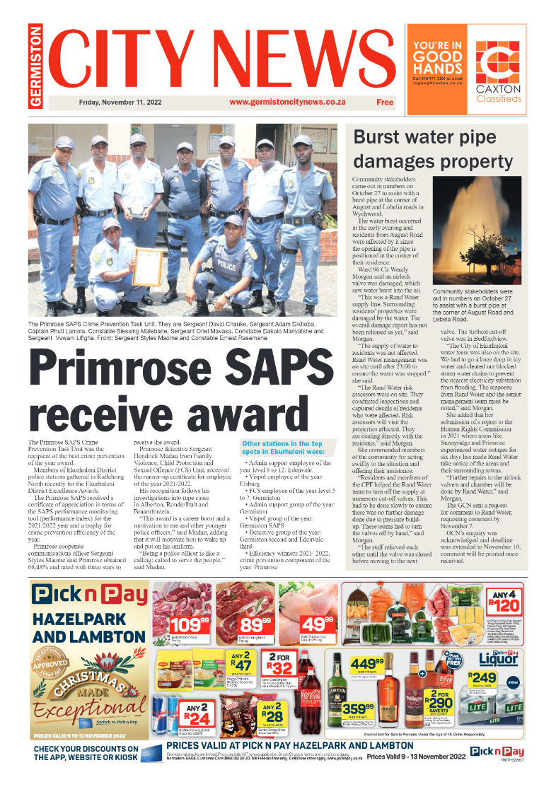 Germiston City News 11 Nov 2022 page 1