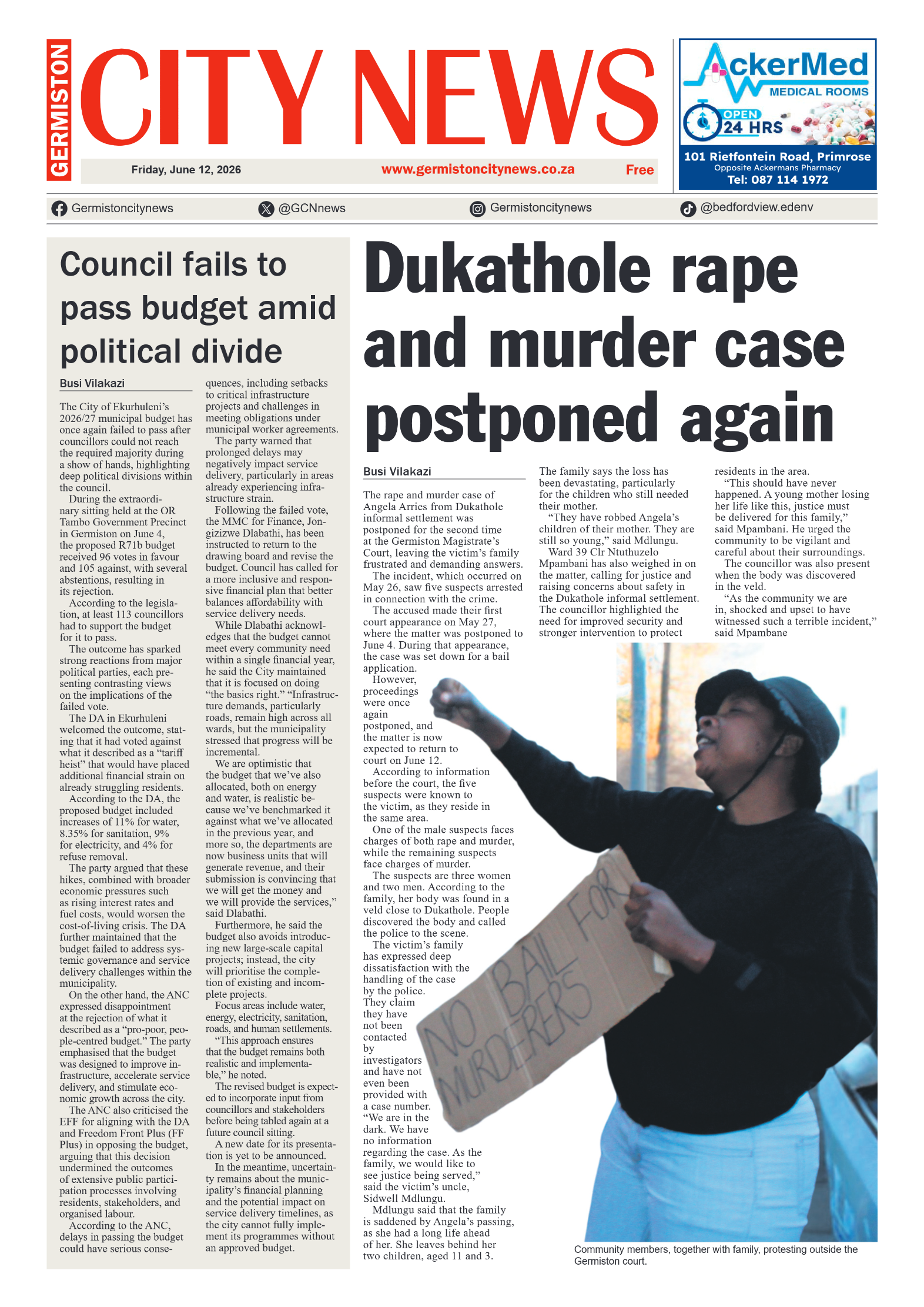 Germiston City News 12 June 2026 page 1