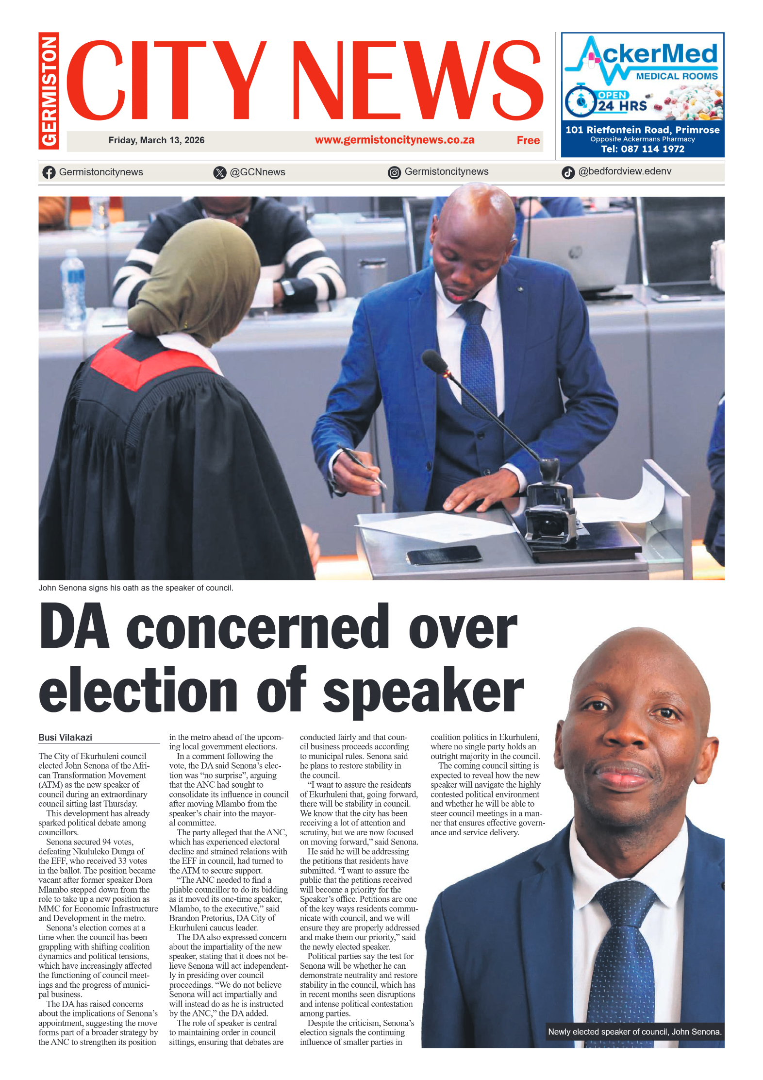Germiston City News 13 March 2026 page 1