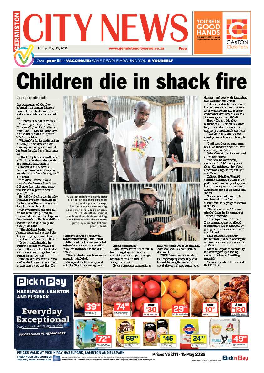 Germiston City News 13 May 2022 page 1