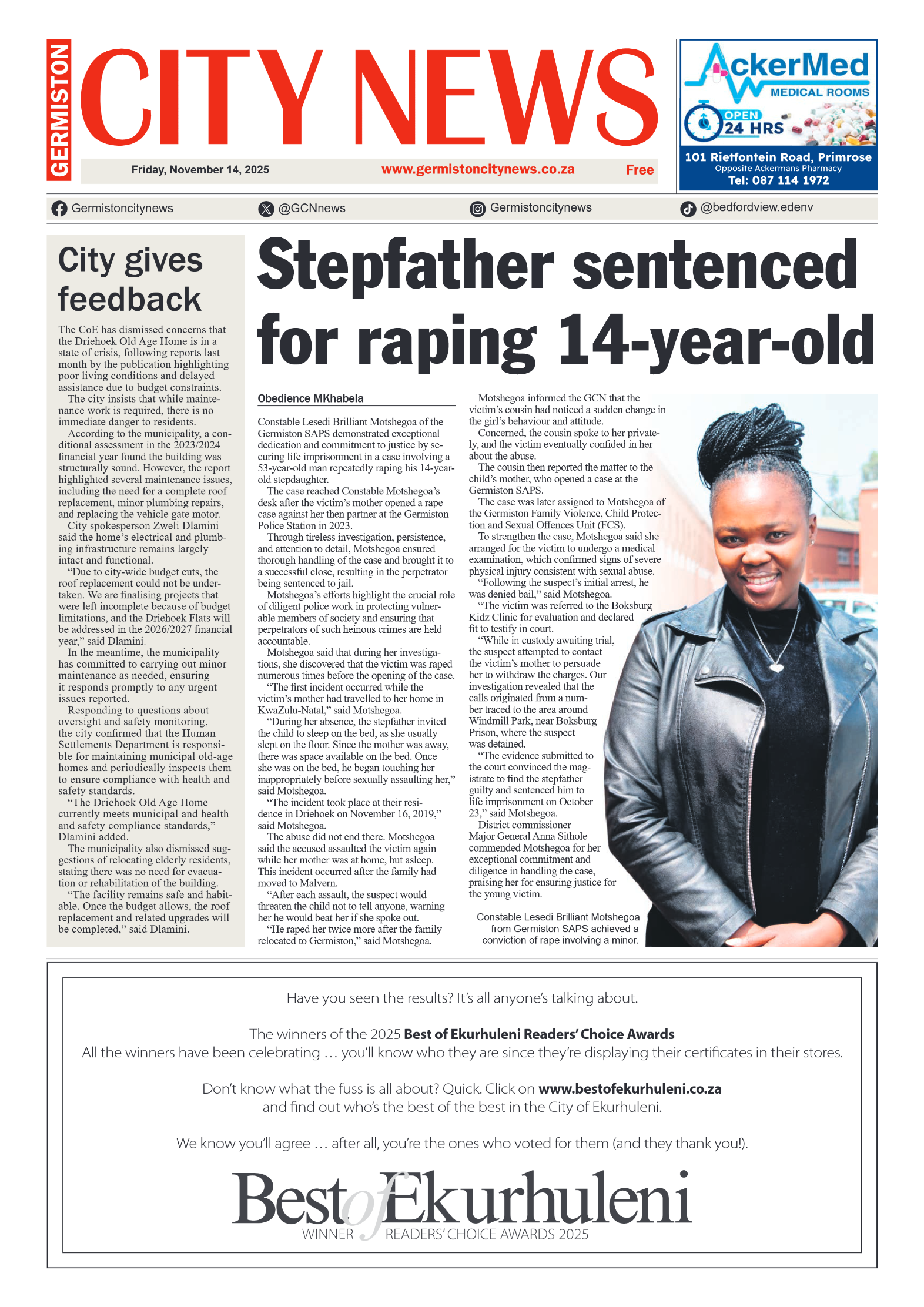 Germiston City News 14 November 2025 page 1