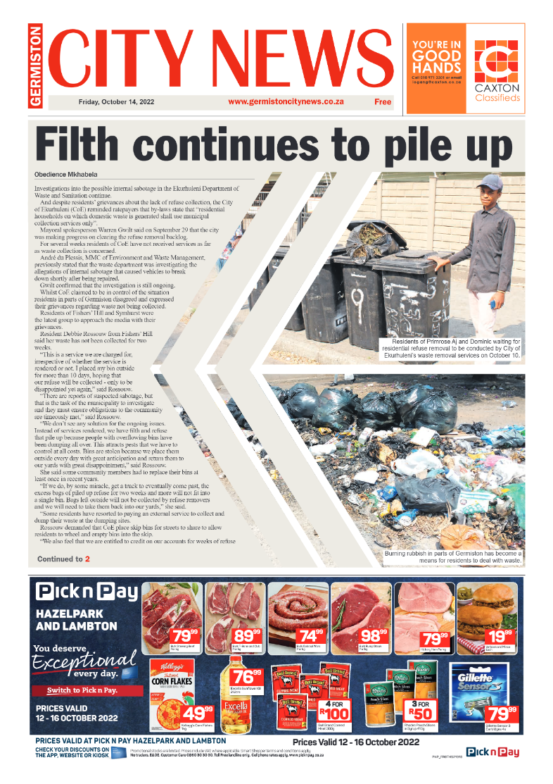 Germiston City News 14 October 2022 page 1