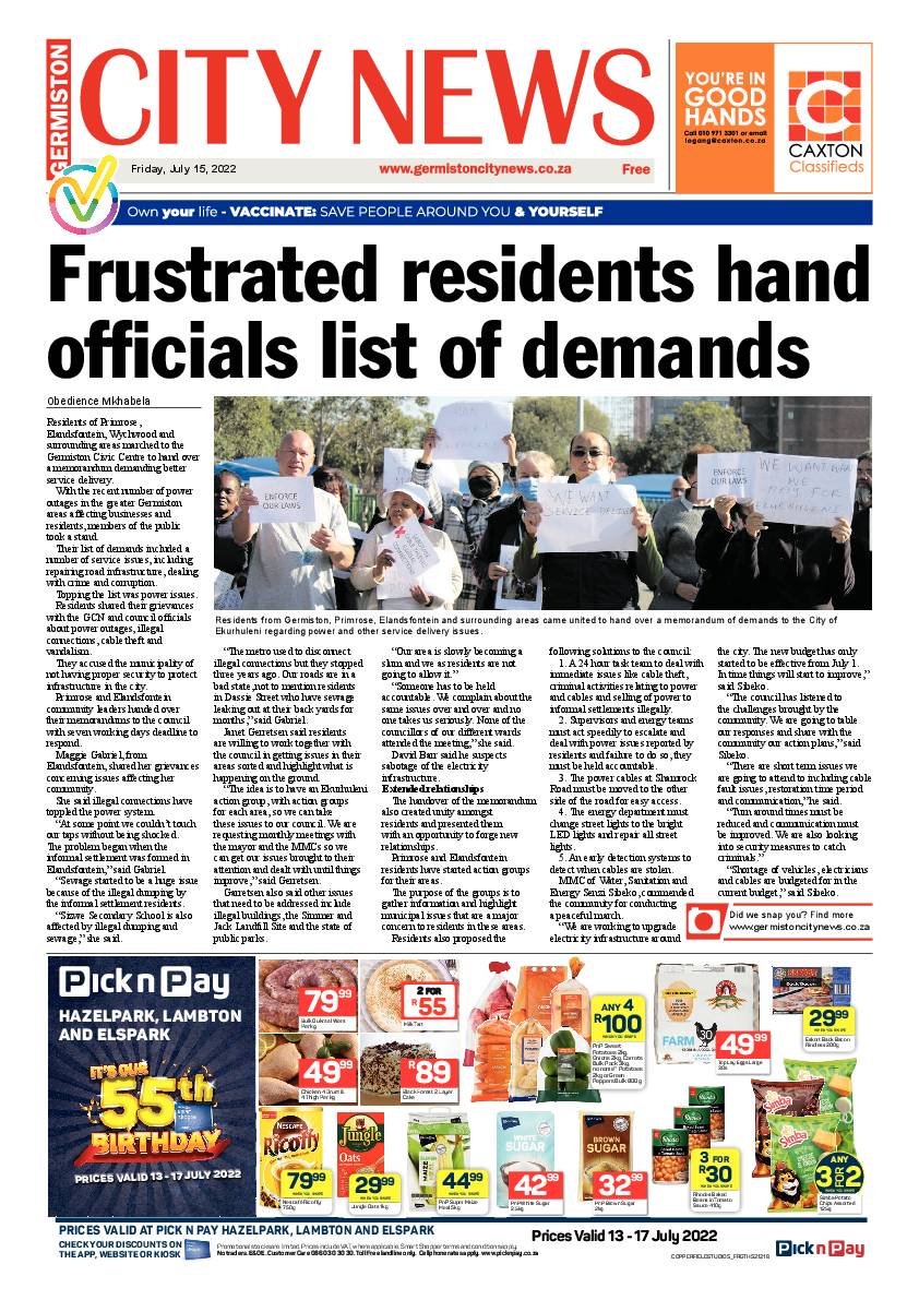 Germiston City News 15 July 2022 page 1