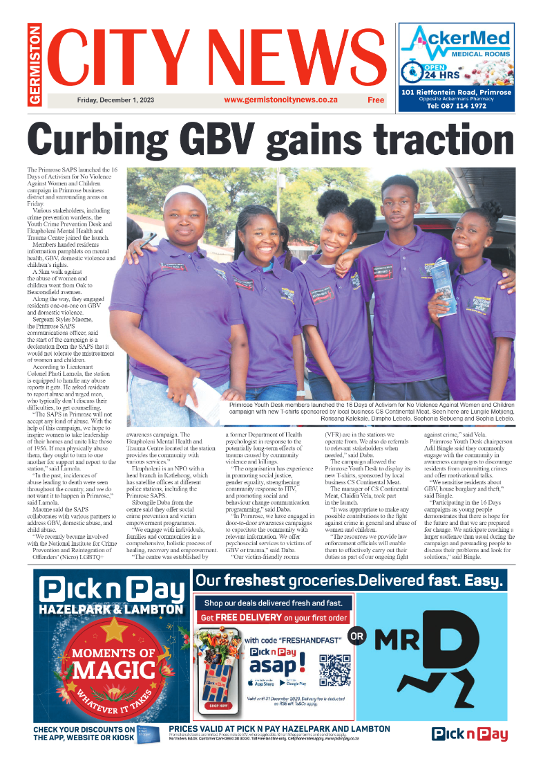 Germiston City News 1 December 2023 page 1