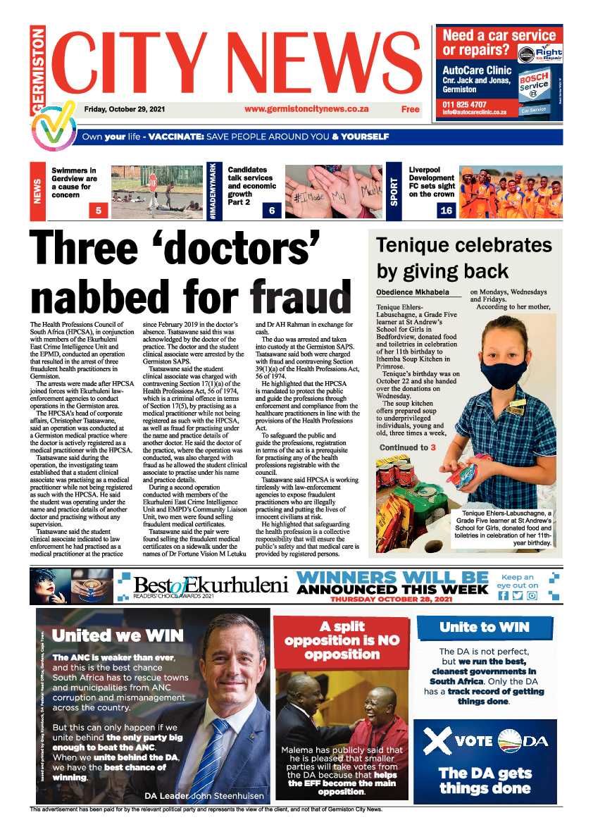 Germiston City News 29 October 2021 page 1