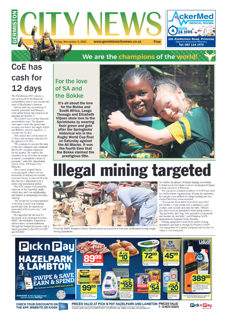 Germiston City News 3 November 2023 page 1