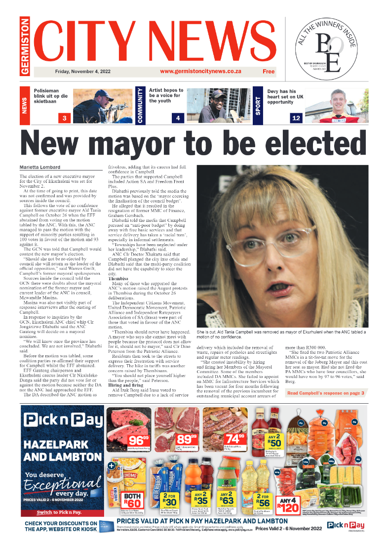Germiston City News 4 Nov 2022 page 1