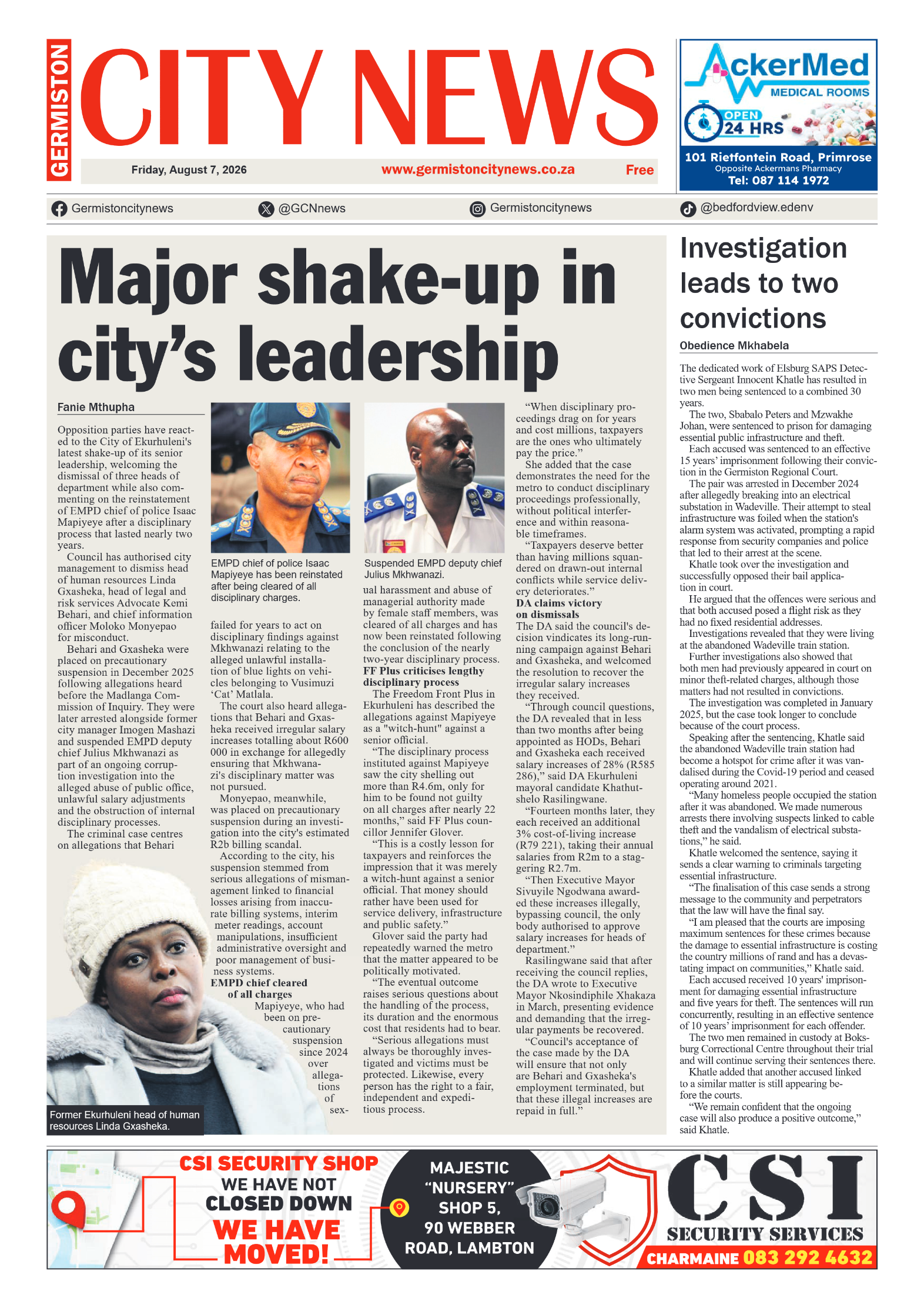 Germiston City News 7 August 2026 page 1